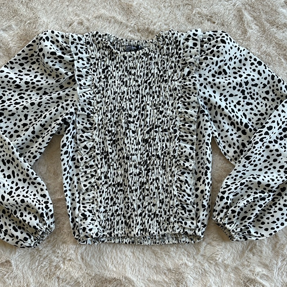 Nasty Gal Collection Dalmatian print long sleeve blouse, size 2